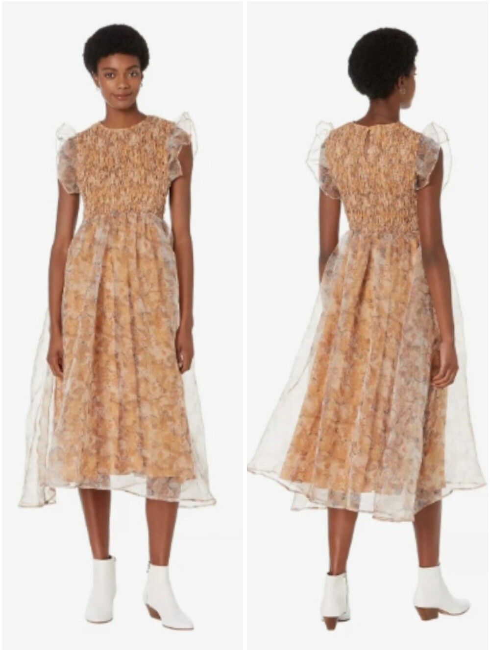 En Saison La Raque Floral Smocked Organza Midi Gown Brown Tan Cream Medium